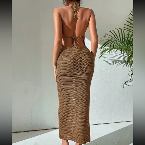 Boho Crochet Backless Halter Neck Bodycon Dress Cover Up - Picture 2 of 6